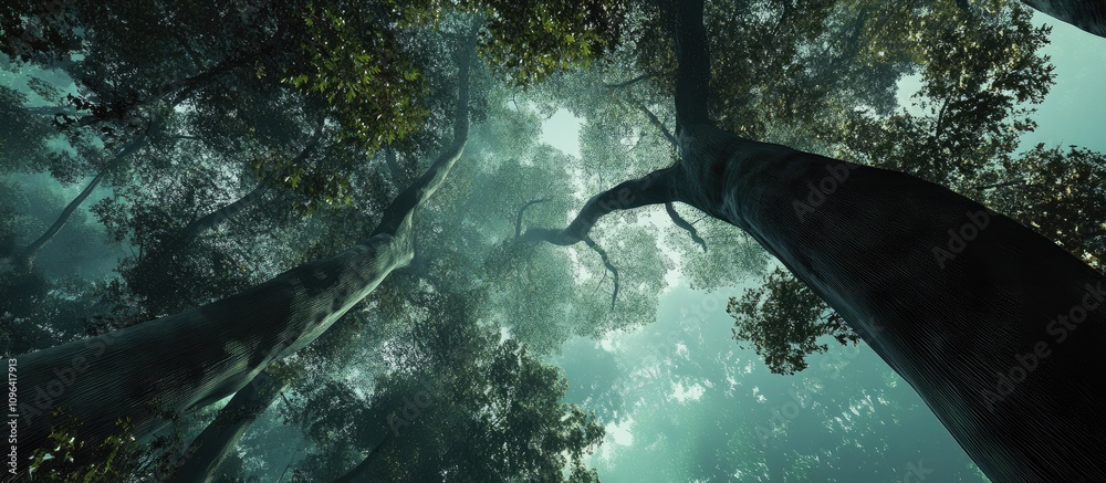 Poster Serene perspective of sunlight filtering through the lush canopy of towering trees in a tranquil forest setting