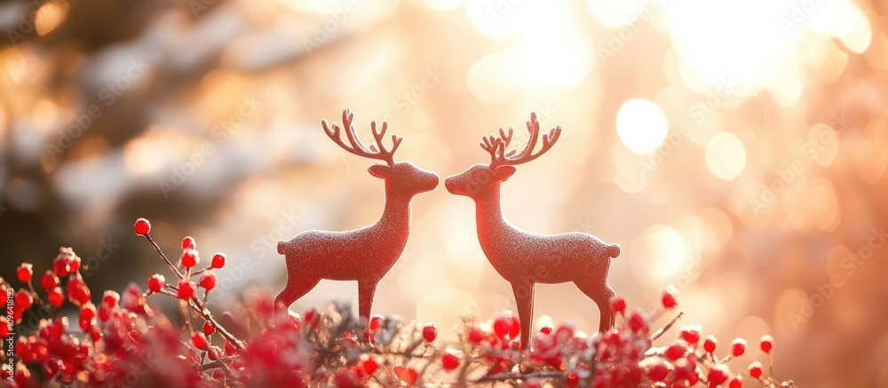 Poster decorative red reindeer figurines surrounded by vibrant berries in a festive winter setting with a w