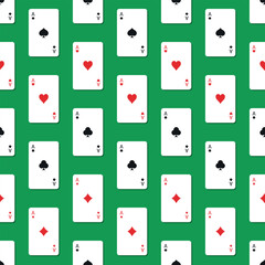 Aces with different card suits. Hearts, crosses, spades and diamonds. Vector seamless pattern.