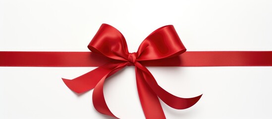 Joy written in elegant red ribbon with a beautiful bow against a clean white background symbolizing celebration and happiness