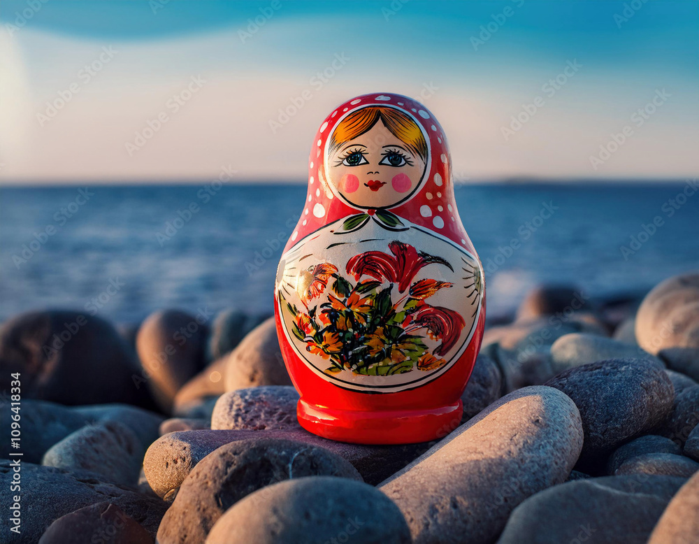 Wall mural A colorful Russian matryoshka doll stands among smooth beach pebbles with a blurred shoreline in the background.