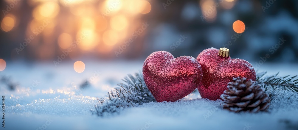 Poster red heart shaped christmas ornaments on snow with pinecone and evergreen branches creating a festive