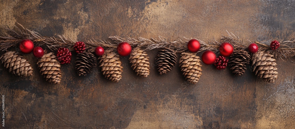 Poster garland with pine cones and red balls creating festive holiday copyspace on a textured background fo