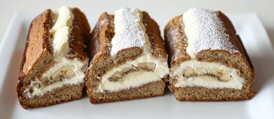 Sliced banana bread roll with cream cheese cheesecake filling on a white plate