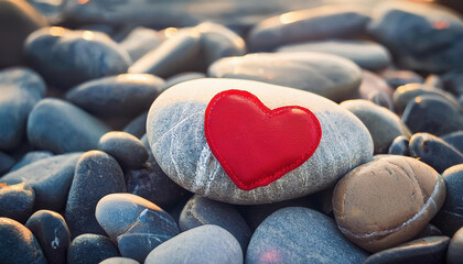 Obraz premium A bright red heart is painted on a light grey pebble, standing out among a collection of smooth beach stones.