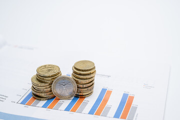 , Deutschland, 23.11.2024,  Stapel aus Euro-Münzen auf einem Finanzdiagramm. Symbolisiert...