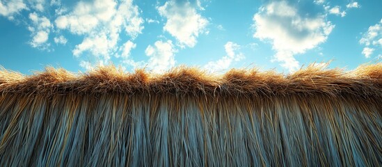 Fototapeta premium Rustic grass roof texture under a bright sky with clouds showcasing natural shelter and simplicity in outdoor environments