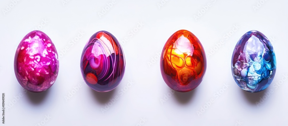Poster vibrant easter eggs displayed on a white background showcasing intricate colors and designs in a fes