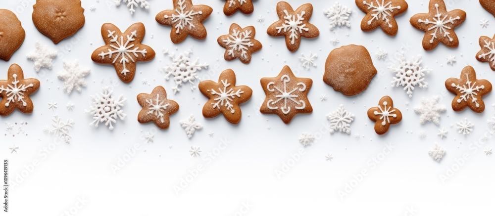 Poster seamless winter pattern of gingerbread and snowflake cookies on white background ideal for holiday b