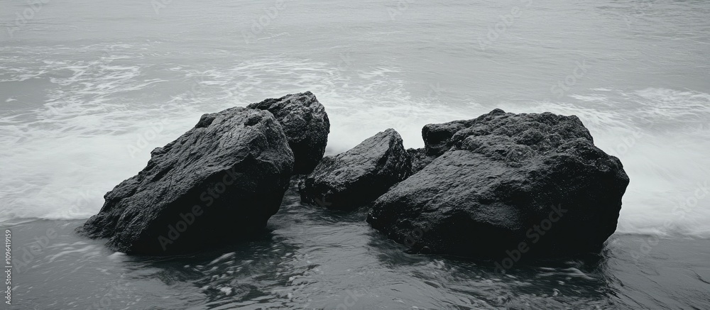 Poster monochrome seascape featuring textured rocks and gentle ocean waves creating a serene coastal atmosp