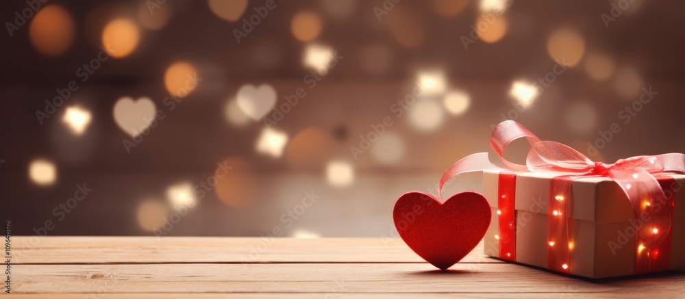Poster red hearts and a beautifully wrapped gift box on a light wooden table with a bokeh background creati