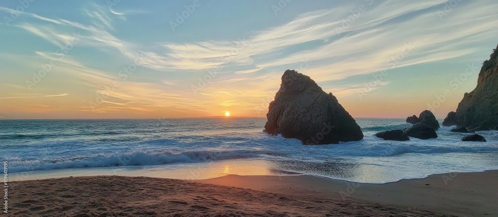 Poster serene beach sunset with rocky formations and gentle waves creating a tranquil summer atmosphere at 