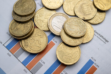 , Deutschland, 23.11.2024,  Nahaufnahme von Euro-Münzen auf einem Finanzdiagramm. Darstellung von...