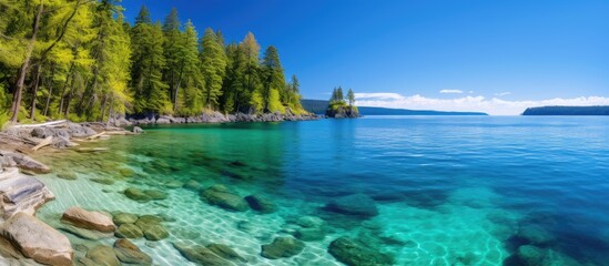 Obraz premium Breathtaking coastal landscape with clear blue skies and vibrant emerald waters surrounded by lush greenery and rocky shoreline