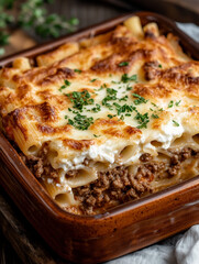 Greek pastitsio with layers of pasta, savory meat sauce, and creamy béchamel, served in a rustic baking dish, cozy Mediterranean setting
