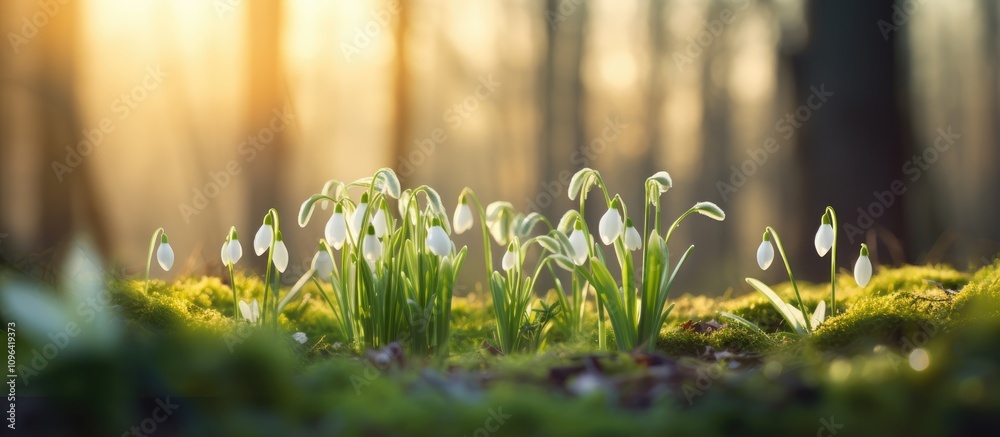 Poster Spring snowdrop flowers blooming in woodland with a soft blurred bokeh background creating a serene and enchanting atmosphere.