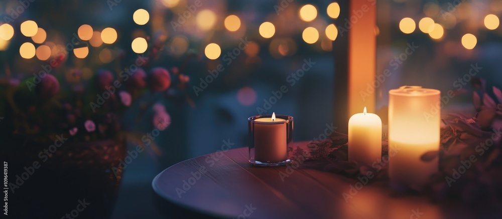 Poster cozy romantic evening setting with glowing candles and soft bokeh lights creating an intimate atmosp