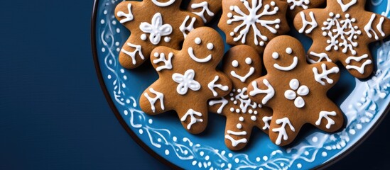 Gingerbread men cookies decorated with royal icing arranged beautifully on a vibrant blue plate for festive baking inspiration