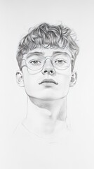 Penciled portrait of a young man with glasses.