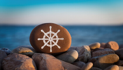 A brown stone painted with a white ship's wheel design sits on a rocky shore against a blue ocean backdrop.