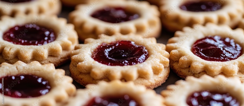 Poster Homemade cookies with jam center surrounded by assorted round cookies on a baking tray showcasing delightful baked treats.