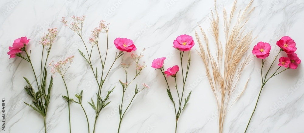 Poster Minimalist arrangement of pink flowers and decorative grass on a marble background in a flat lay top view style