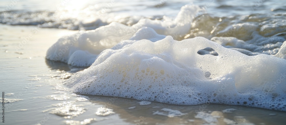 Poster Serene ocean wave with frothy white foam creating a tranquil natural beach background for relaxation or nature-themed concepts