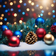 Obraz premium Detailed Christmas Background with Golden Pine Cones, Red and Gold Ornaments, Blue Snowflakes, and Glowing Lights