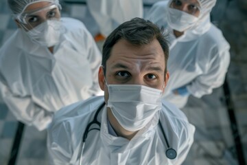 Portrait of surgeon wearing scrubs and protective glasses in hospital operating theater. Neural network ai generated art