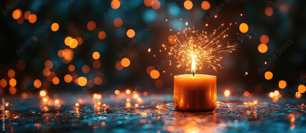 Poster sparkler firework beside a glowing candle with a blurred illuminated background creating a festive a