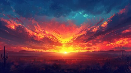 Fototapeta premium Fiery sunset over desert landscape with cacti silhouettes.