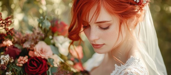 Naklejka premium Elegant bride with red hair wearing a floral bouquet in a romantic outdoor setting capturing a serene bridal moment.
