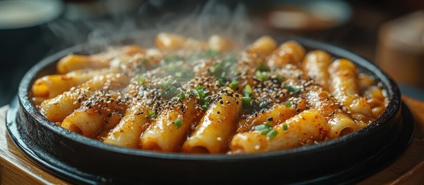 Sizzling Tteokbokki with Steamed Rice Cakes Garnished with Sesame Seeds and Green Onions on a Hot Plate