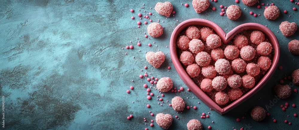 Poster heart-shaped box filled with colorful sweets surrounded by sprinkle dots on a textured blue backgrou
