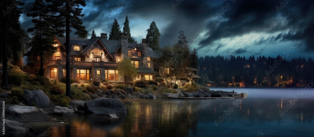 Poster tranquil night scenery of lakeside houses surrounded by trees with glowing lights reflecting on the 