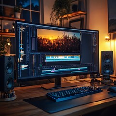 Cozy workspace with ambient lighting and video editing setup on computer.