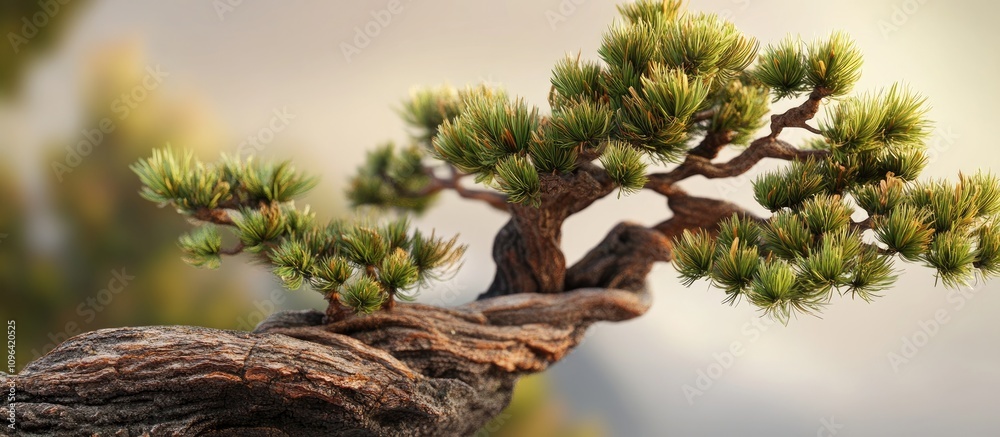 Poster pine tree showcasing vibrant new shoots and intricate bark in summer light against a softly blurred 