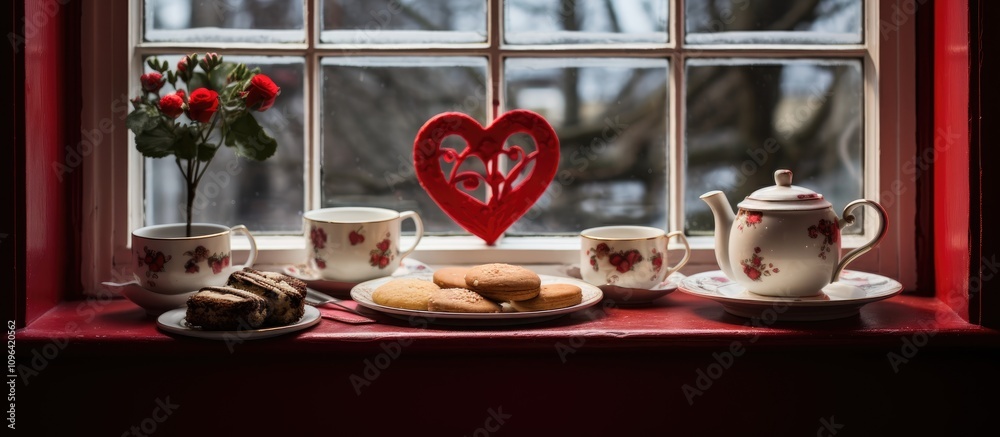 Poster festive dessert and tea setting by the window with heart mugs and cookies creating a cozy, romantic 