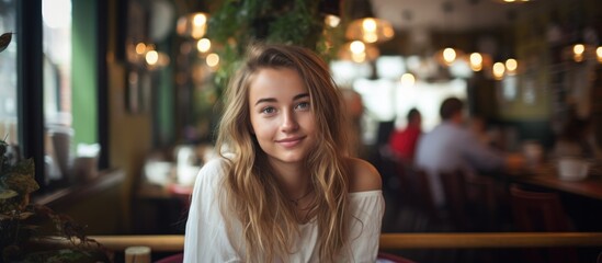 Young woman enjoying a cozy cafe atmosphere with soft lighting and a relaxed smile capturing lifestyle and warmth.