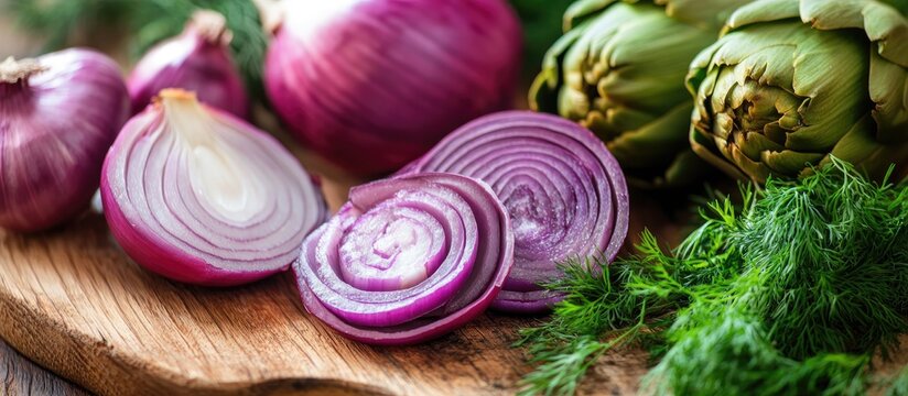 Fresh red onions and dill beside roasted artichokes on a wooden board showcasing healthy vegetarian cuisine and vibrant ingredients.