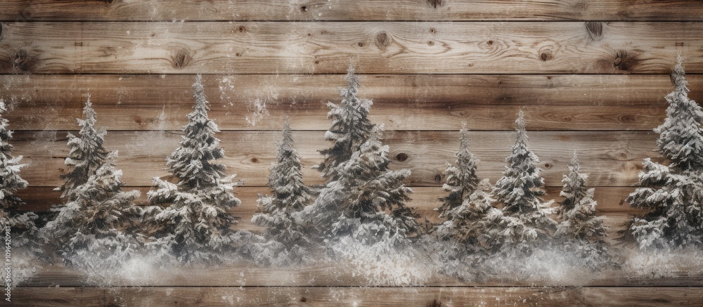 Poster wooden background with snowy fir trees creating a rustic winter landscape ideal for seasonal themes 