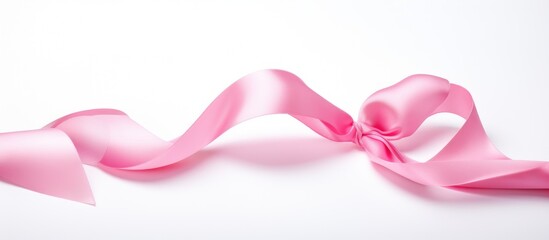 Pink satin ribbon elegantly draped with a bow on a clean white background for decorative presentations and gift wrapping themes