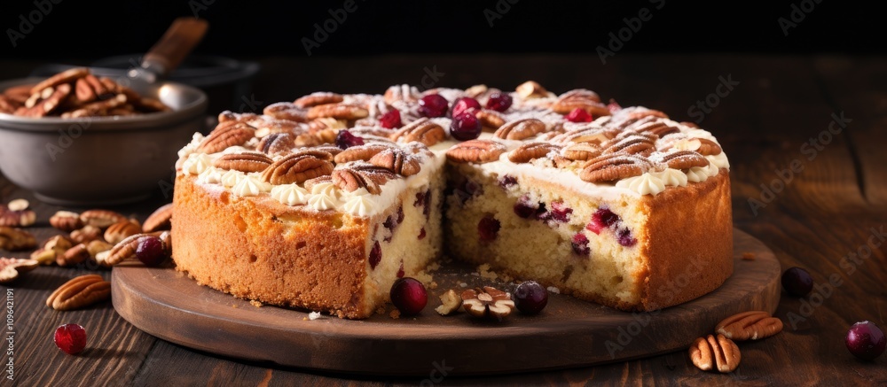 Poster Pecan cake with sliced almonds and dried cranberries served on wooden table with pecans and cranberries on the side.