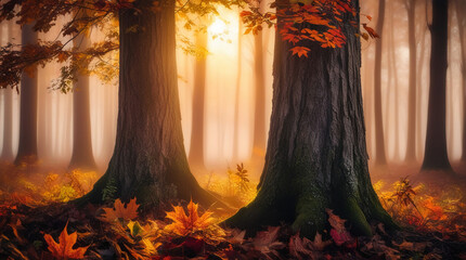 stunning autumn forest, bathed