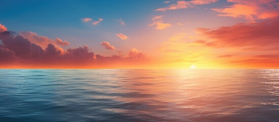 Obraz premium Serene sunset landscape over tranquil ocean waters with vibrant colors and soft clouds reflecting the warm hues of the evening sky