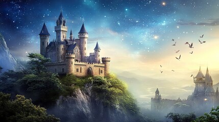 Majestic castle atop a mountain at sunset.