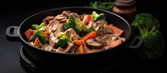 Fried beef stroganoff with colorful vegetables served in a skillet on a dark background showcasing a delicious gourmet meal.
