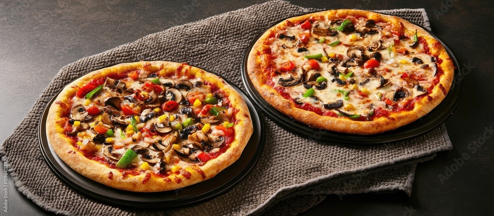 Poster two delicious pizzas topped with cheese and vegetables on a textured towel against a dark backdrop s