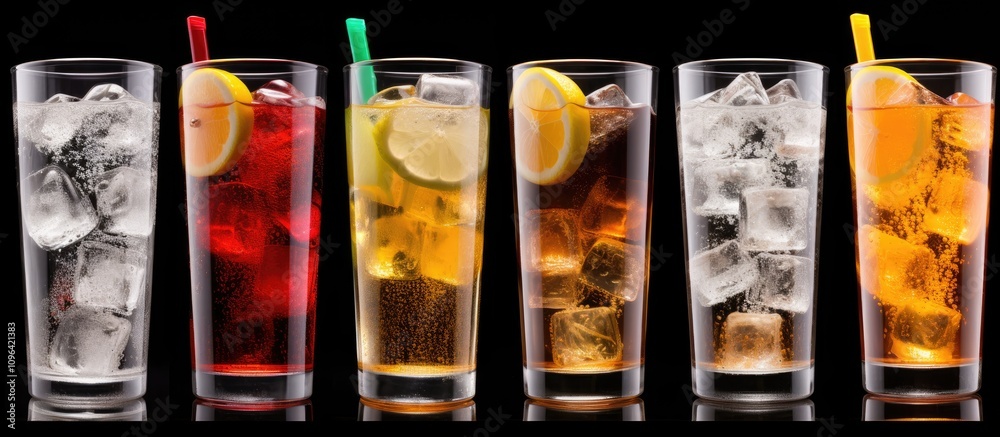 Poster Refreshing assortment of colorful soft drinks served in glasses with ice and lemon slices on a black background