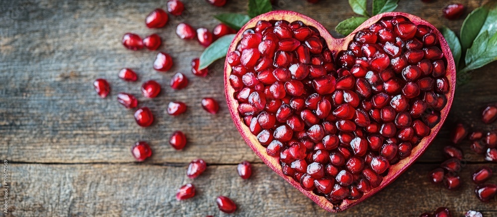 Aufkleber pomegranate seeds creatively displayed in a heart shape on rustic wooden surface showcasing rich col